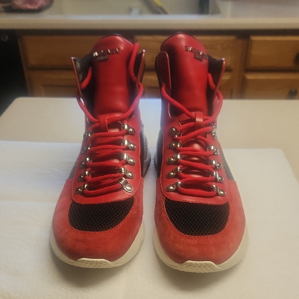 Balmain Paris Red/Black Men's Size 13 High Top Sneakers, EUC